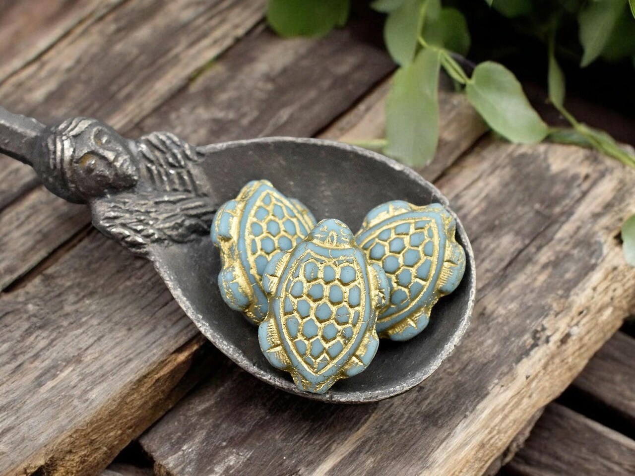 *4* 18x13mm Bronze Washed Matte Blue Turquoise Turtle Beads